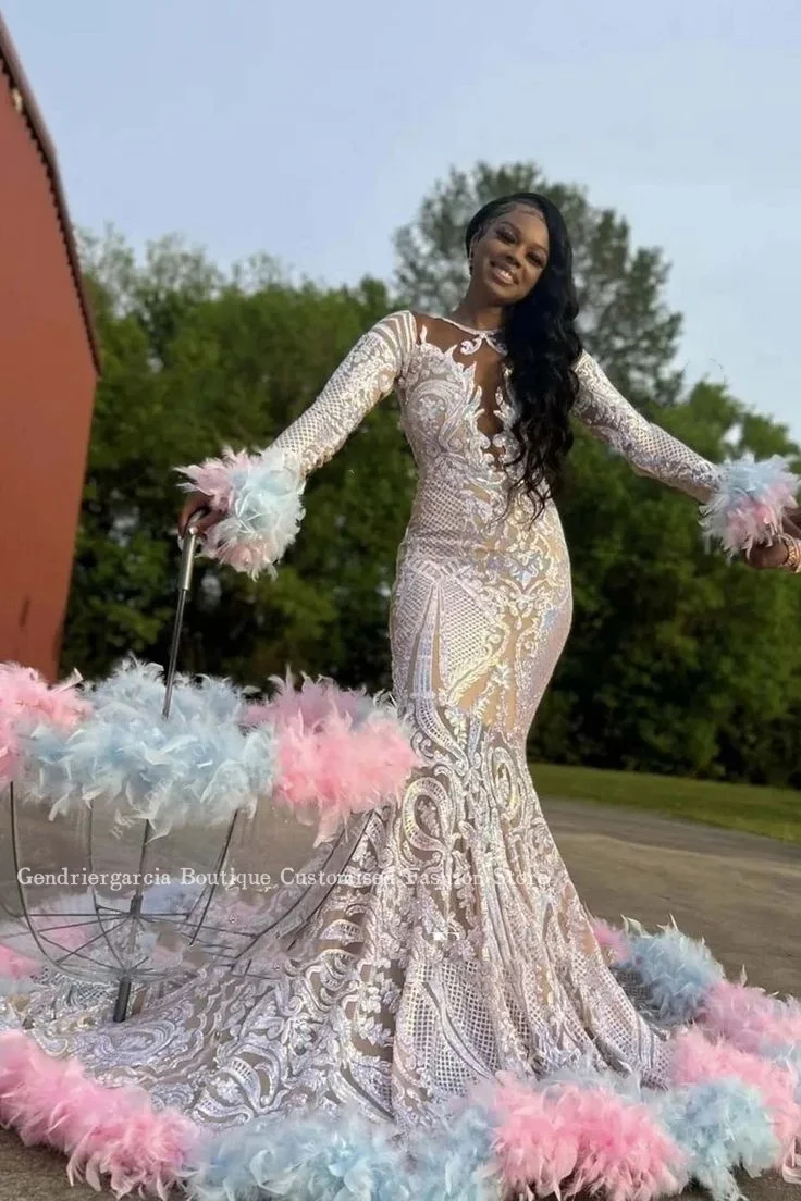 Dream Rainbow Mermaid Prom Dress 2024 For Black Girls Exquisite Feather Beaded Applique Formal Occasion Wedding Dresses