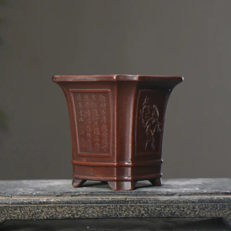 Square purple clay flower pot carving landscape Chinese style classical antique square pot Home Desktop Decor