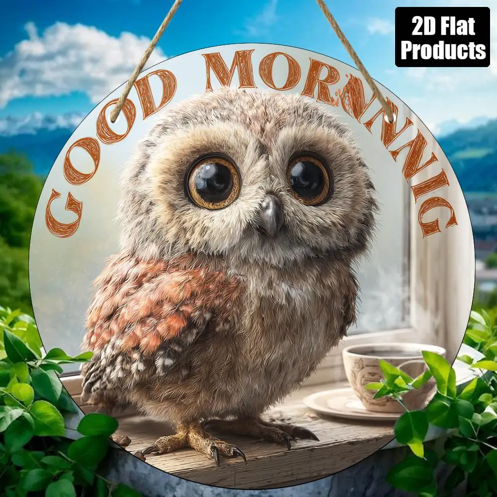 2D Flat, 1pc Cute Owl with Big Eyes Wooden Wall Art - 8x8 Inch Round Artificial Wood Decorative Plaque, No Electricity Needed, P