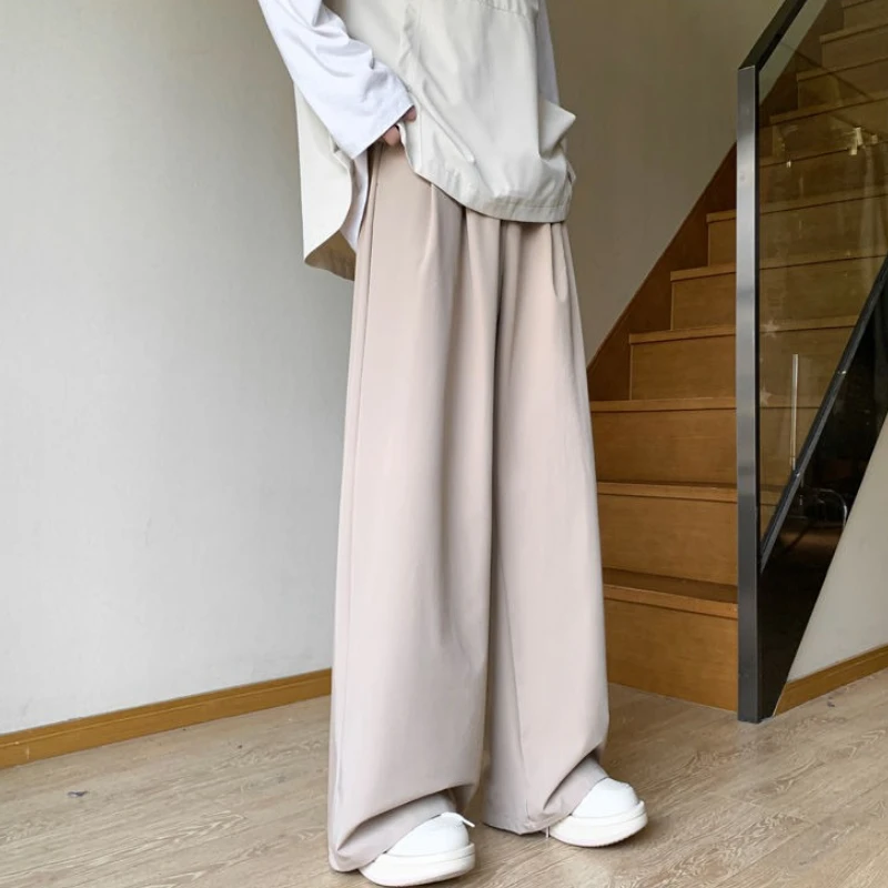 

Khaki Ice Silk High Waist Men's Suits Pants Wide Leg Summer 2025 Vintage Fabric Up Classic Thin Casual Luxury Male Suit Trousers