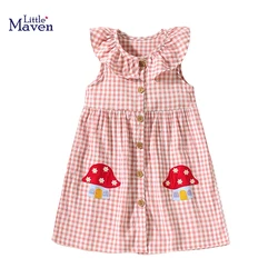 Little maven Elegant Dress for Girl Red White Plaid Dresses Mushroom Appliques Baby Girls Sleeveless Dresses Children's Clothing