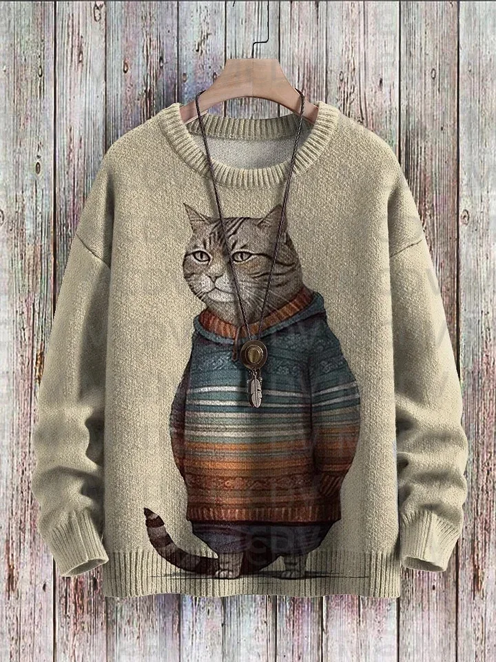 

Cute Winter Cat Art Pattern Print Casual Knit Pullover Sweater Men's For Women's Pullover