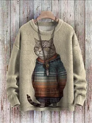 Suéter de punto con estampado de Arte de gato para hombres y mujeres, Jersey informal, lindo, Invierno