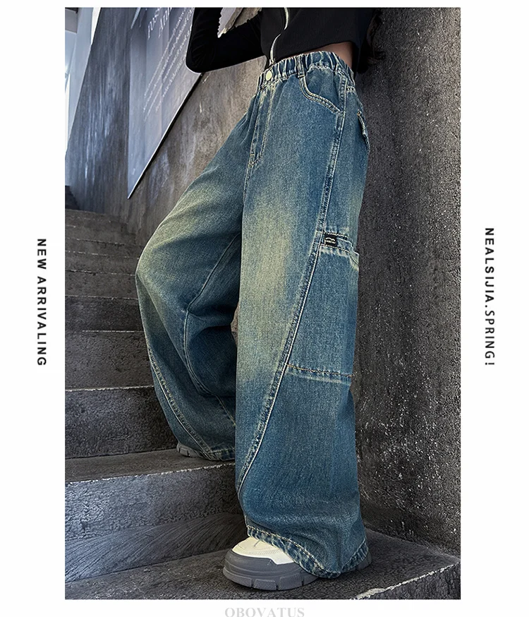 Hochwertige Kinder-Patchwork-Jeans mit Seitentaschen für Mädchen, Vintage Blaue Denim-Hose, Kinder-Cargo-Jeans mit Hoher Taille – Detail 5