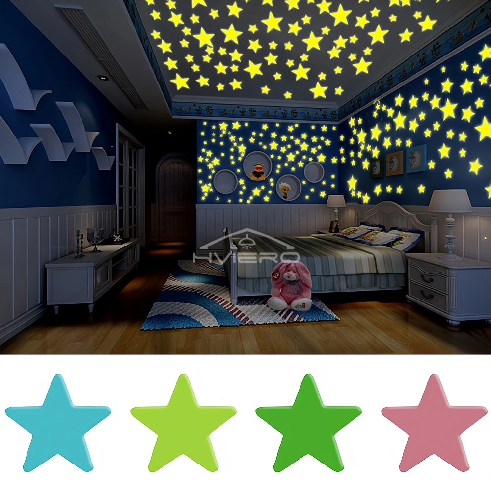 50X Glowing 3D Stars Glow in Dark on Wall Decoration Stickers Kids Baby Room Bedrooms Ceilings Home Fluorescent Pentagram Paper