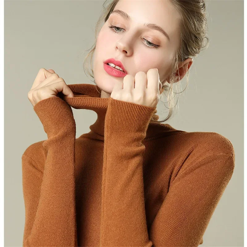 YSZWDBLX Autumn Winter Turtleneck Sweater Women Solid Pink Red Knitted Pullovers Slim Bottoming Shirt Casual Korean Knit Jumpers