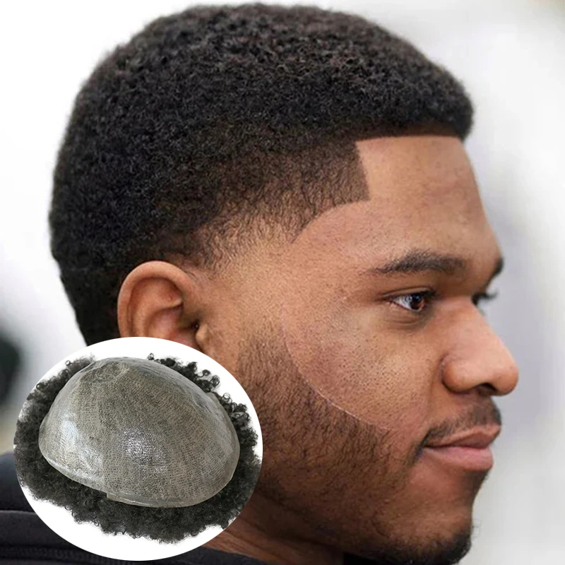 Afro Curly 6mm 4mm Thin Skin PU Base Men Toupee Brazilian Remy Human Hair Replacement System For Basketball Fans #1 #1B #4
