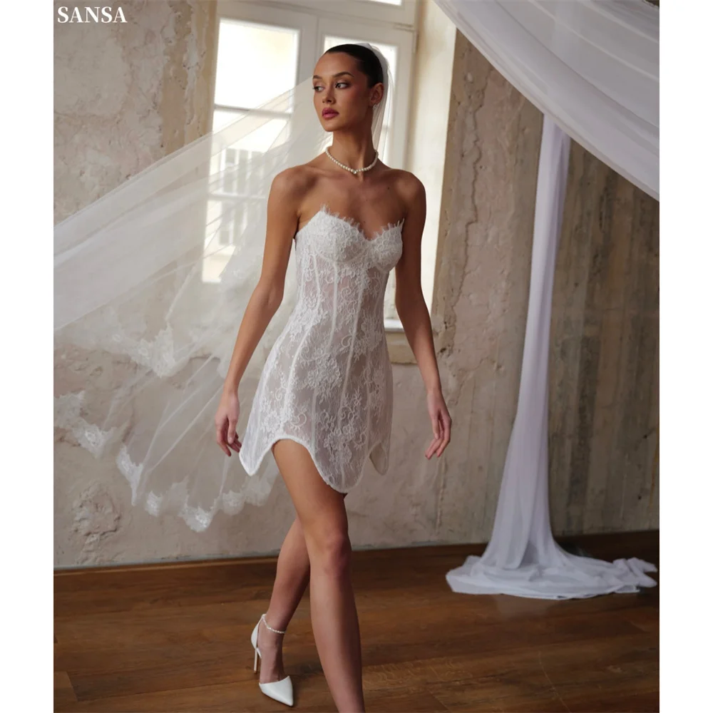 

Sansa Customized White Floral Lace Slim Prom Dresses Perspective Asymmetric Hem Vestidos De Noche Strapless Mini Formal Evening