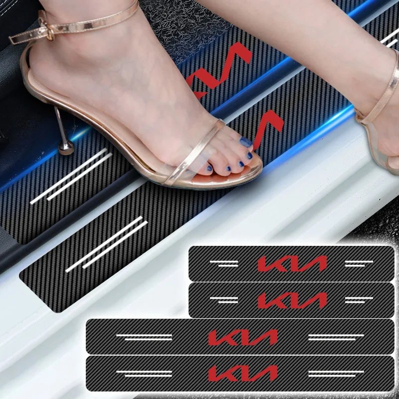 Adesivos de fibra de carbono para soleira de porta de carro, 4 unidades, protetor anti arranhões para kia rio ceed sportage cerato soul sorento k2 k5 flip