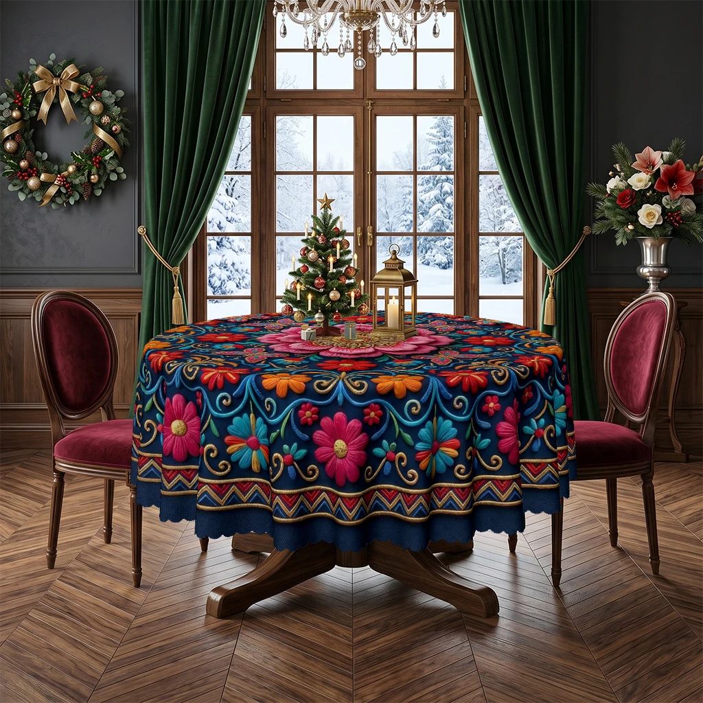 Vintage Folk Art Floral Round Tablecloth, Colorful Botanical Butterfly Motif Table Cover for Kitchen Dining Banquet Holiday Party, Washable Durable Everyday Home Decor Table Cloth for Family Dinner Gatherings, Vibrant Dark Blue Centerpiece