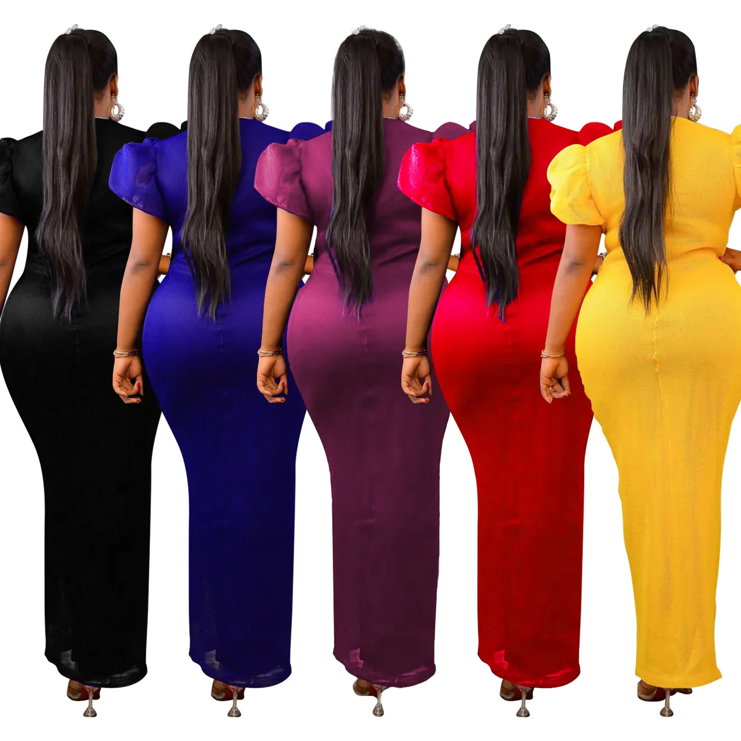 Robe Africaine Maxi à Manches Courtes pour Femme, Col en V, Polyester, Noir, Bleu, Rouge, Jaune, Longue, Été, Automne