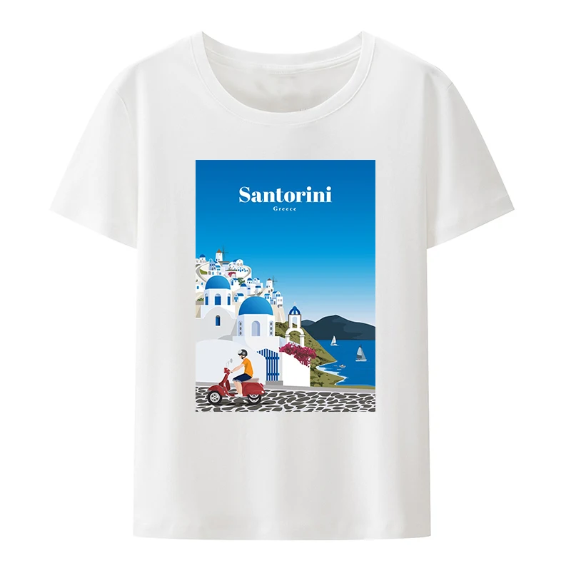 Anime Style Santorini Greece Tourism Commemoration Travel Commemorative T-shirt Summer Men Basic Tees  Loose Short Sleeve Tops