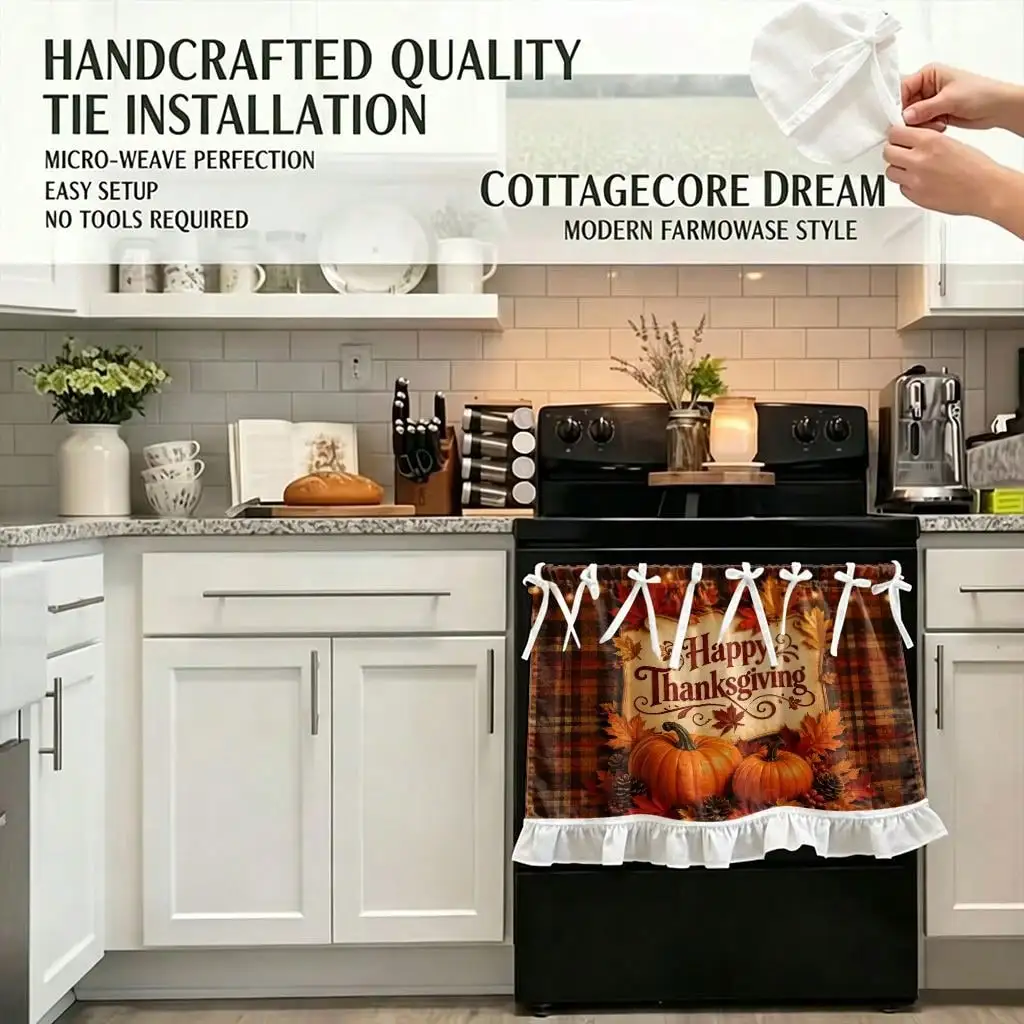 2D Flat, 1pc Farmhouse Fall Harvest Kitchen Stove Oven Valance, 2D Print Happy Thanksgiving Autumn Leaves Pattern Autumn Home Decor Curtain for Dishwasher Microwaves Cabinet Kitchen Sink, Festival Gift, Makes a Great Addition to Thanksgiving Family