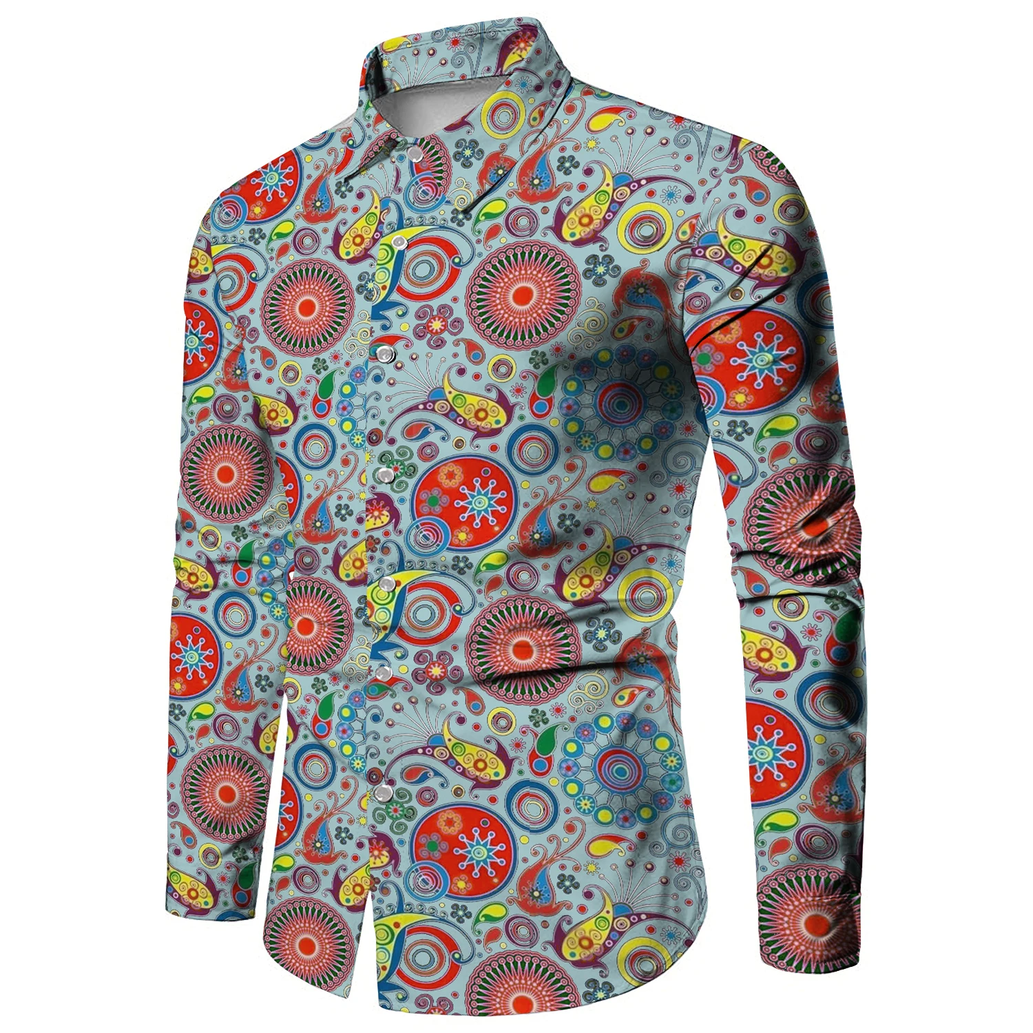 Fashion Paisley Floral Print Men\'s Shirts Vintage Style Lapel Button-Up Long Sleeve Tops Hip Hop Men/Women Casual Party Clubwear