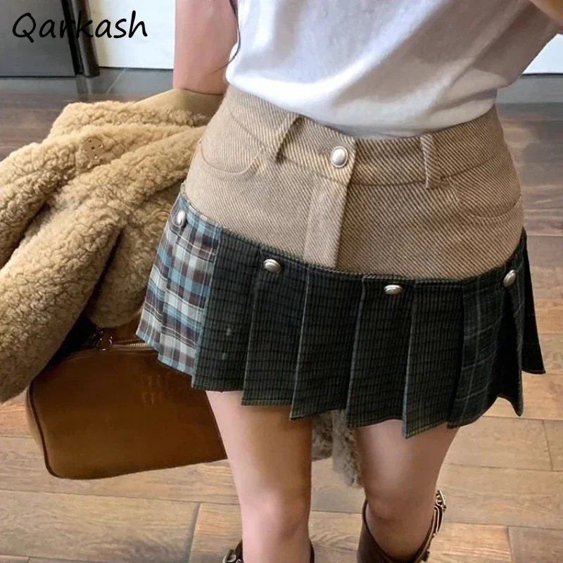 

Mini Skirts Women Button Patchwork Female Fashion Korean Style Plaid High Waist A-line Leisure All-match Designer Pleated Chic