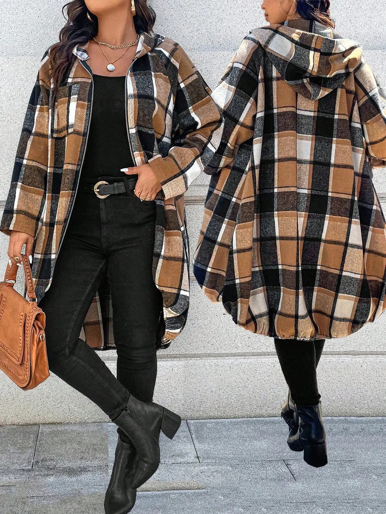 

Women's Plaid Hooded Long Jacket with Front Zipper, Asymmetrical Hem & Raglan Sleeves for Fall Winter