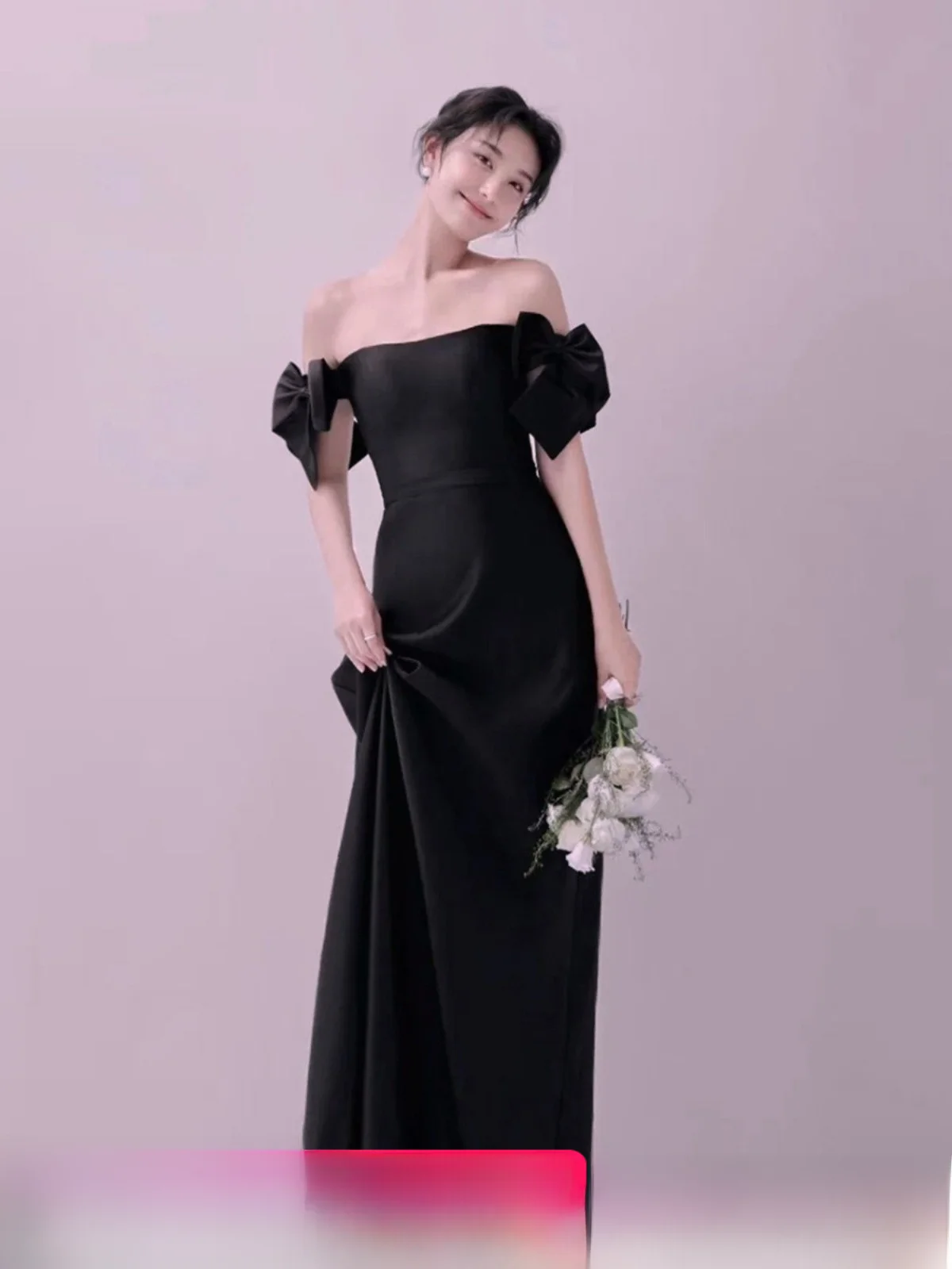 Temperament Black off-Shoulder Banquet Birthday Par Stage Performance Annual Meeting Host Wedding Dress Formal Dress 9780