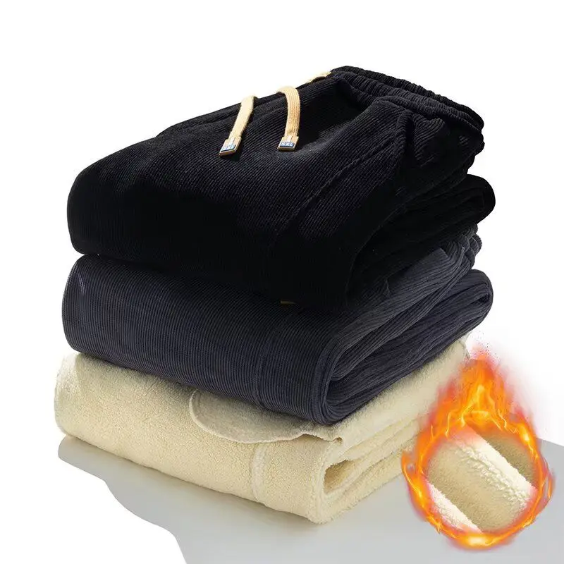 

Мужские повседневные эластичные спортивные брюки из овечьего вельвета с манжетами, утепленные, зимние, больших размеров, на флисовой подкладке, универсальные, черные