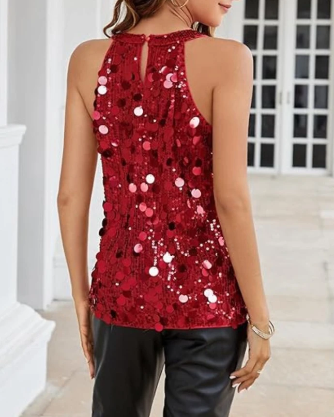 Women's Fashion Round Neck Sequin Sleeveless Tank Top Temperament Commuting Female Night Out Casual Slim Fit Party Clubwear