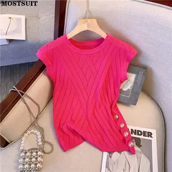 Sleeveless Ice Silk Knit Sweater Vests Women 2023 Summer O-neck Buttons Elegant Sexy Stylish Solid Chic Tops Knitwear Jumpers