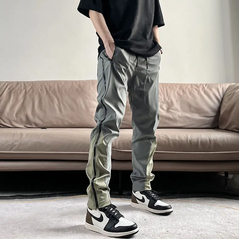 High Street Casual Zipper Color Block Men\'s Cargo Pants Classic Waist Drawstring Pocket Straight Cylinder Male Fashion Trousers