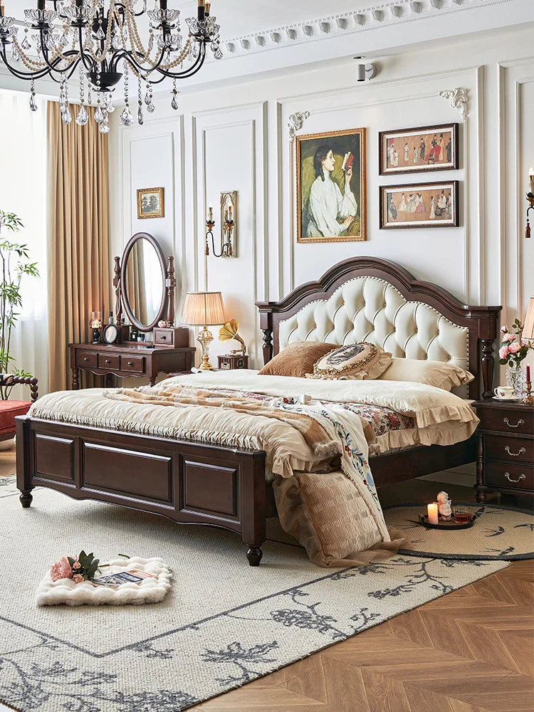 

American solid wood bed master bedroom high box storage leather soft bag retro 1.8 meters double wedding
