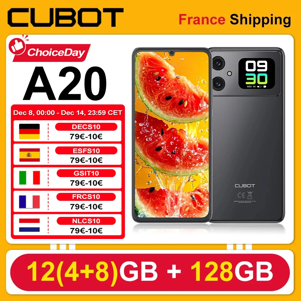 CUBOT A20 Smatphone 12(4 + 8)GB + 128GB téléphone Portable Android 14 5100mAh 48MP + 16MP 90Hz IPS Face ID 6.745 ''+ 1.83''