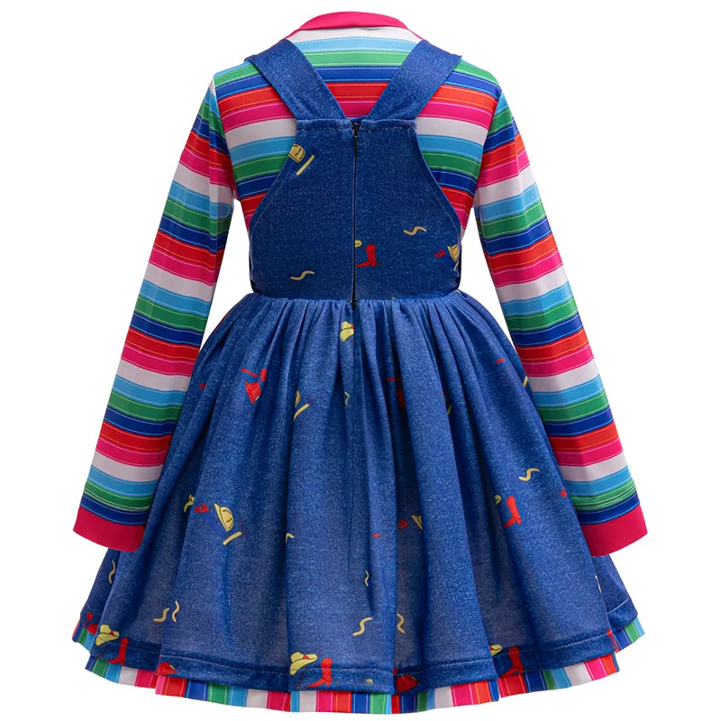 New Girls\' Dress 2024 Halloween cosplay Ghost Baby Chaji Dress Two Piece Set Striped Long sleeved Top+Denim Strap Fluffy Dress 2
