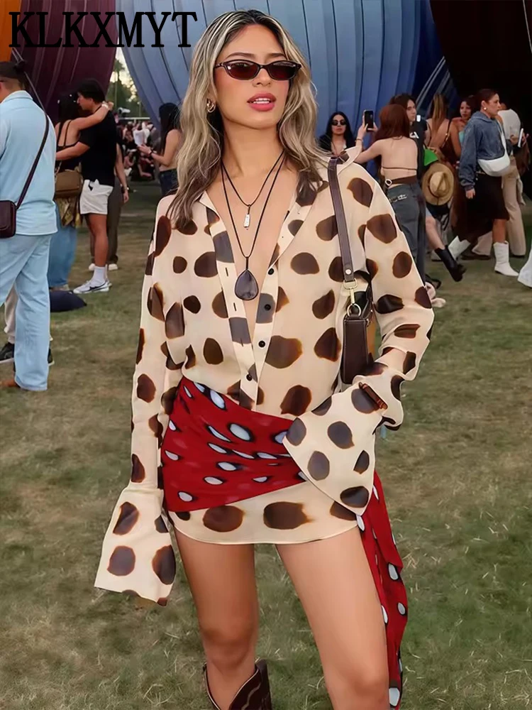 KLKXMYT Fashion Leopard Print Sheer Chiffon Shirt Style Dress Women Casual Lapel Chic Vacation Mini Dresses Detachable Scarf