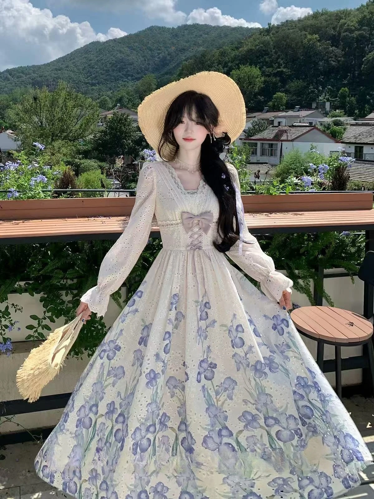 Autumn French Vintage Elegant Moriko Style Dress Women's Printed Cutout Bowknot Long Dress High-end Romantic Party Clothing 2025