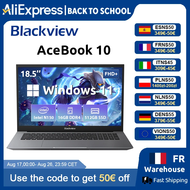 Blackview Acebook 10 Laptop-Computer 18,5 Zoll FHD 8000mAh Intel N150 Windows 11 16GB RAM 512GB BT5.2 WiFi 6 Desktop-Notebook