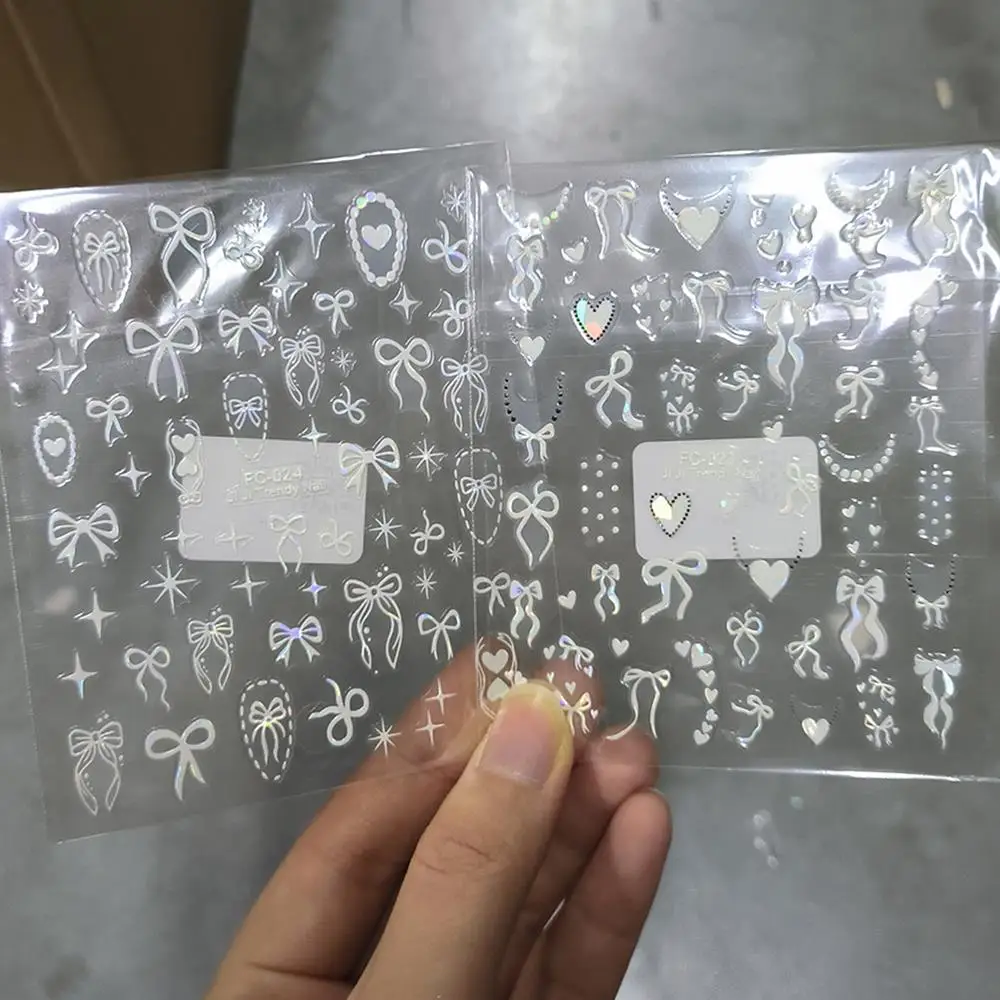 2개 세트 오로라 레드 화이트 하트 네일 아트 스티커 반짝이는 리본 사랑 프렌치 목걸이 네일 데칼 달콤한 여성 소녀 매니큐어 슬라이더