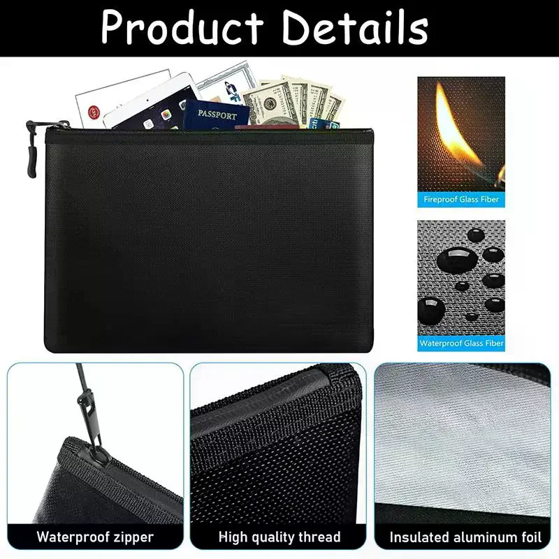 Multi-size Fireproof & Waterproof Bag Small Size ID Card Storage Bag With Zipper For Certificates Money Cards(black,silver) 1PC
