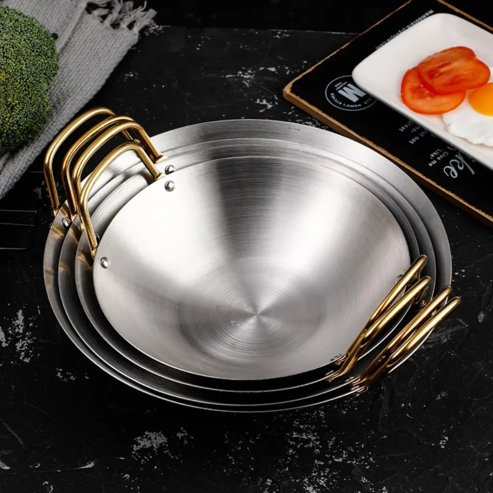 Hot Pot Stainless Steel Dry Pots Round Bottom Korean Soup Pan with Two Golden Handles Wok Picnic