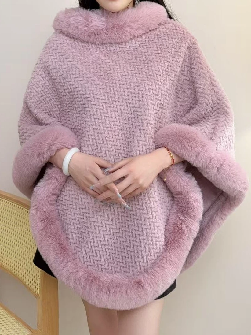 【1 Piece】Woven Rope Pattern Women's Pullover Cape Poncho Shawl with Fringe, Fleece-Lined, Thickened, Soft Faux Rabbit Fur Collar, Loose-Fitting Autumn and Winter Coat Cape