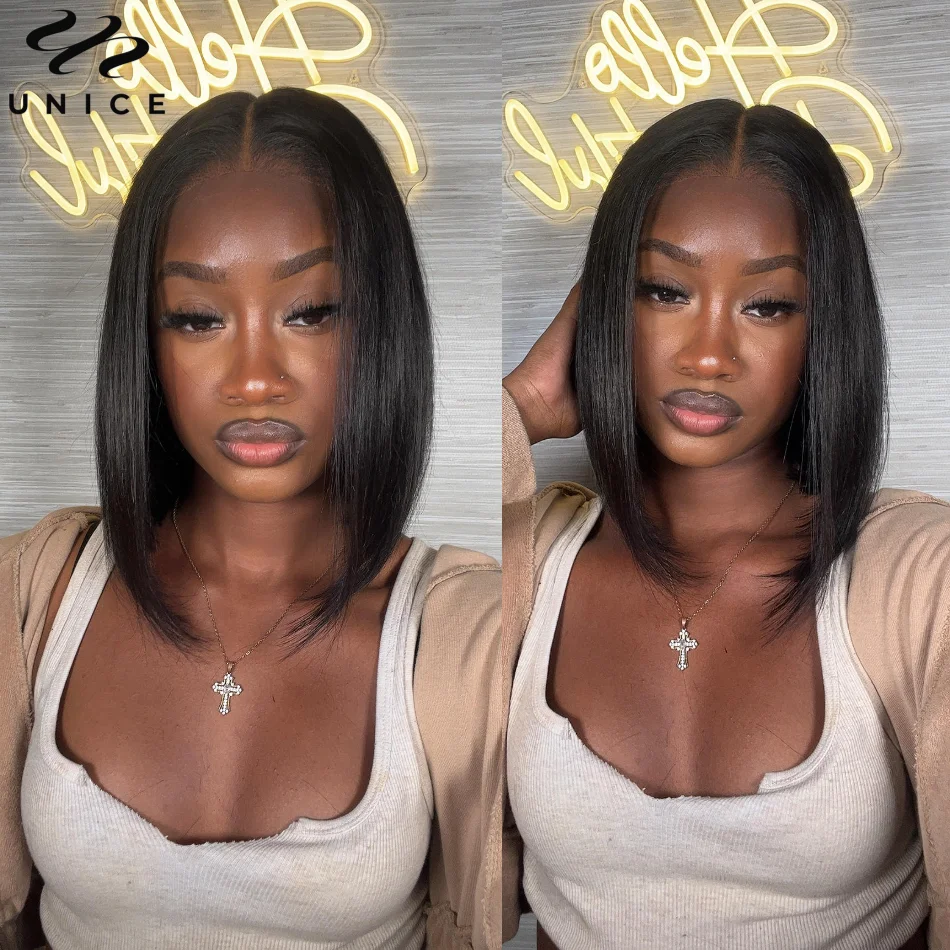 UNice Bone Straight Bob Wig Pre Cut Pre Bleached Glueless Wig Human Hair Ready To Wear Pre Everything 7x5 13x4 Lace Frontal Wig