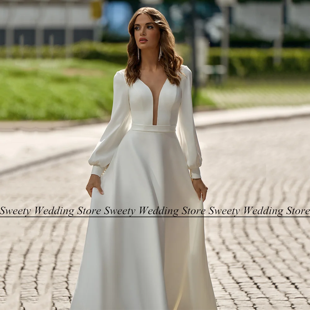 Ivory-vestido de novia de manga larga con cuello en V profundo, vestido de novia de línea drapeado, tren de barrido, vestidos de novia simples, tamaño personalizado, Jiayigong