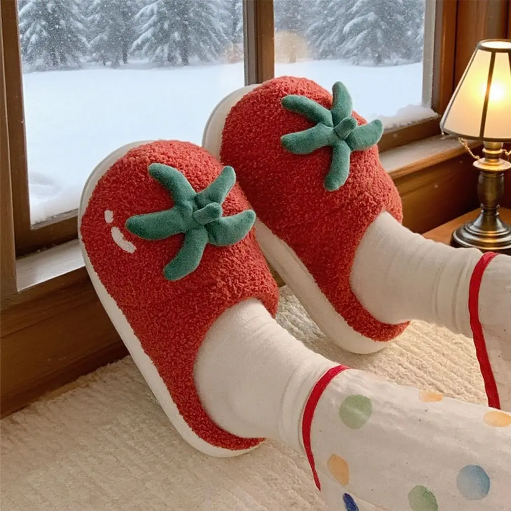 

Kawaii Winter Tomato Slippers Soft Thicken Warm Cartoon Furry Slippers Anti-slip Cute Home Cotton Shoes Gifts