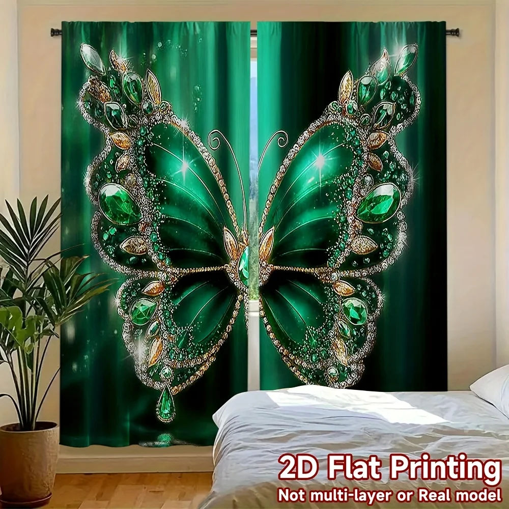 2D Flat 2pcs Emerald Butterfly Curtains Jewel Tone Animal Print Drape Bedroom LuxuryDecor Glitter GemstoneWindow TreatmentPanels