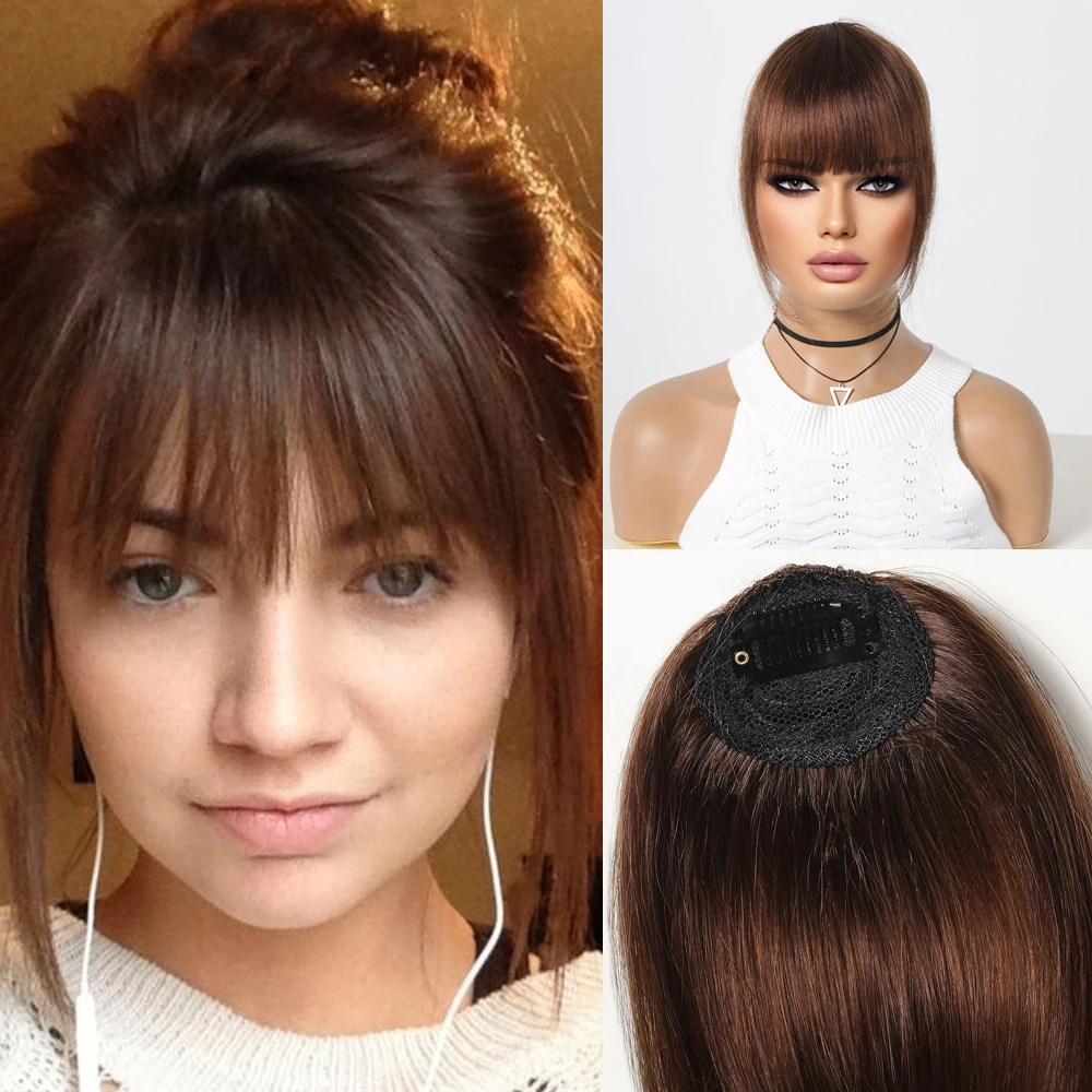 100% Human Hair Clip in Bangs Natural Bang Hair Extensions Wispy French Bangs Chocolate Brown Fringe HairPieces for Women Girls