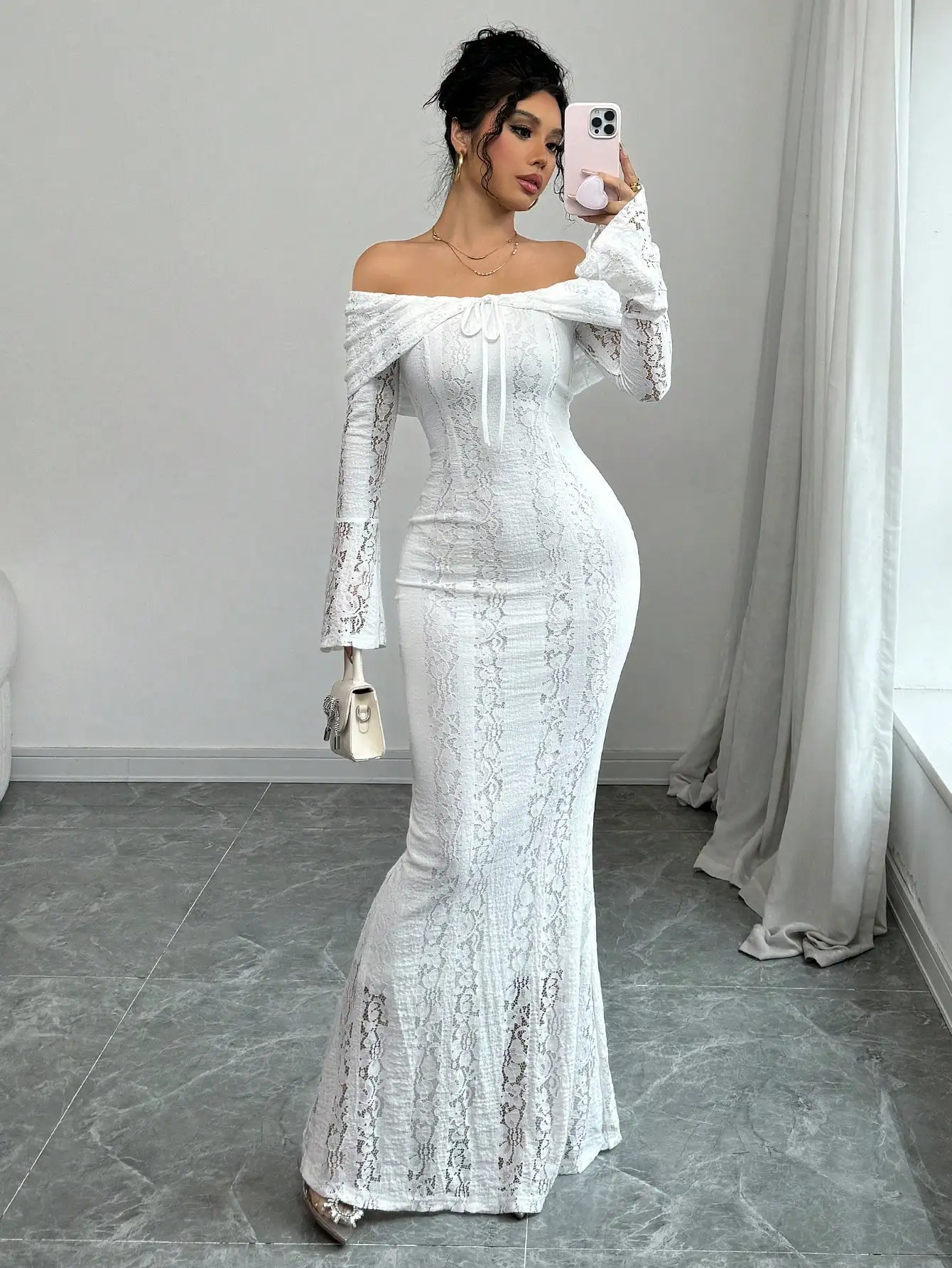 Vestido midi bodycon de renda branca fora do ombro, vestido maxi feminino, pano de outono para mulheres