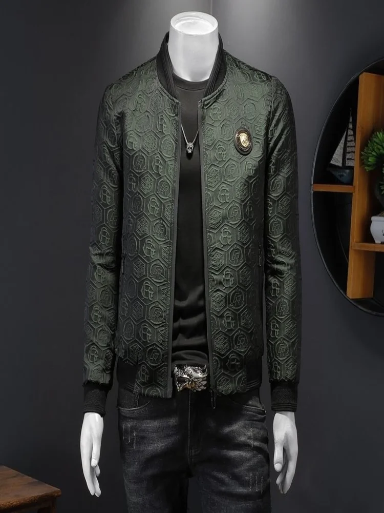 

Spring Vintage Bomber Jacket Men Casual Coat Slim Fit Pattern 4xl Puff Jacquard Black Jaqueta Masculina