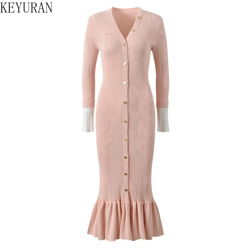 Autumn Korean Knitted Maxi Dress Women V Neck Long Sleelve Single Breasted Bodycon Dresses Office Lady Elegant Party Vestidos