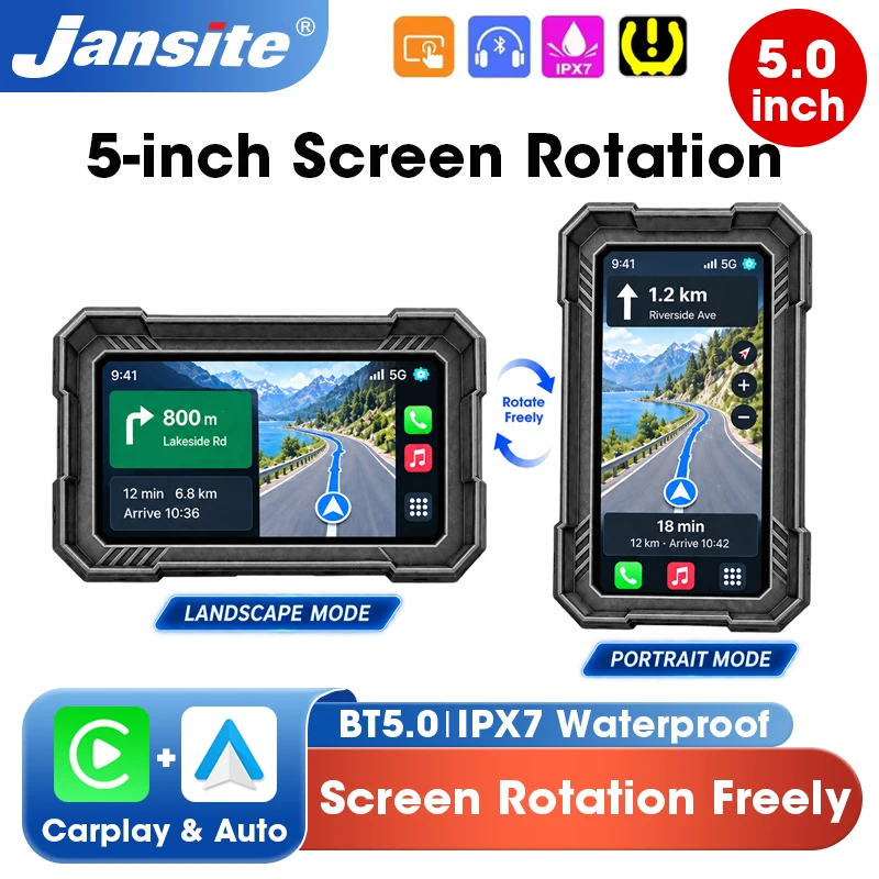 Jansite Portable 5 inch Screen Rotation Motorcycle Carplay GPS Navigation BT5.0 Android Auto Digital Dashboard Moto Monitor