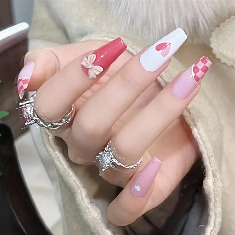 

24Ps/Lot Full Cover Heart Bows Fake Nails Set Long Ballet Press on Nail Tips Manicure Wearing French False Nails Art Sticker DIY