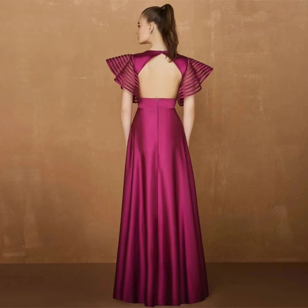 SoDigne Fuchsia Sexy V Neck Elegant Evening Dresses Luxury Puff Sleeves Satin Formal Party Gowns robe femme soirée Customized