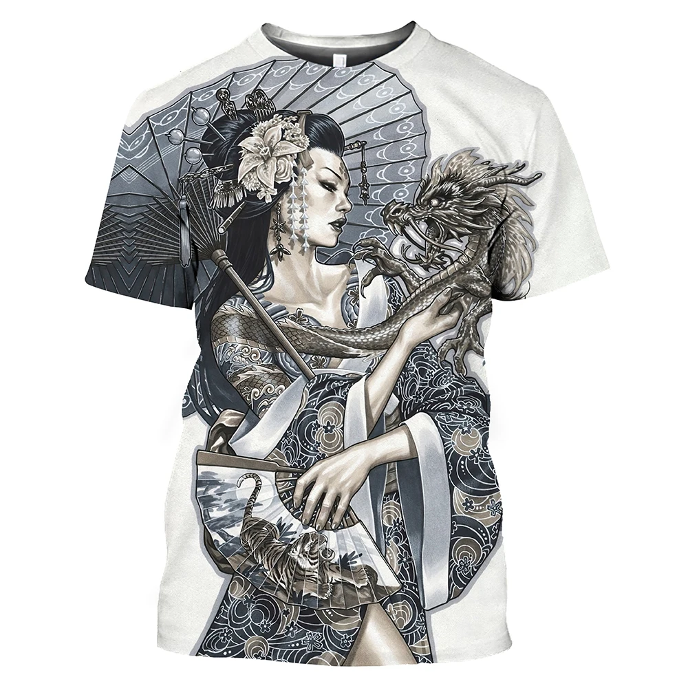 Summer Fashion Japanese Geisha cool T shirt Men Casual Fun Personality harajuku Printed Round Neck Short Sleeve streetwear Top