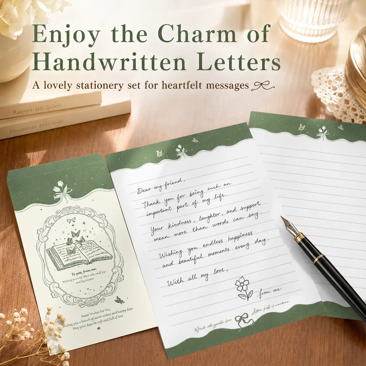 Vintage Green Letter Writing Set, 4 Envelopes and 4 Writing Sheets, Butterfly Stationery for Letters, Messages and Notes