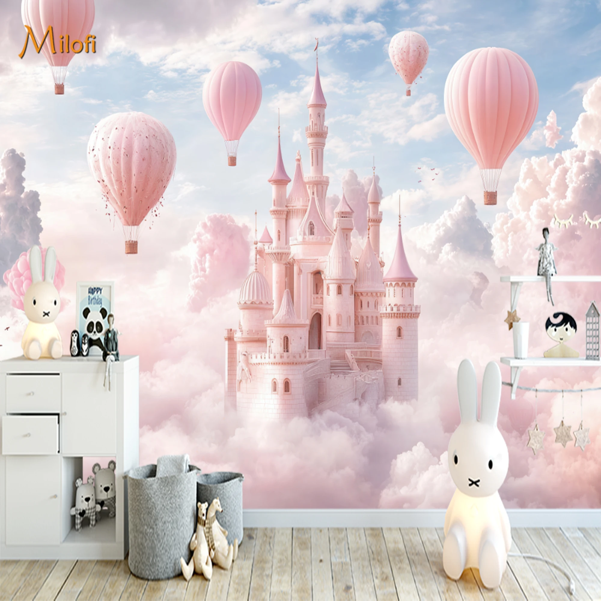 Custom Mural Wallpaper Girls Pink Peel And Stick Wall Princess Castle Hot Air Balloon Cloud Sky For Nursery Bedroom Home Decor