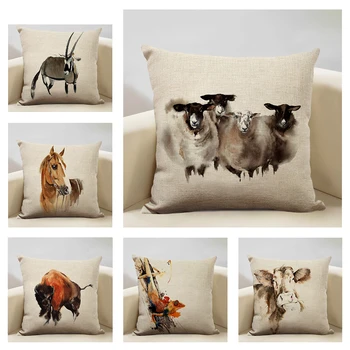 Linho capa de almofada para decoração home, fronha aquarela, cavalo, frango, leopardo, vaca, antílope, 45x45cm